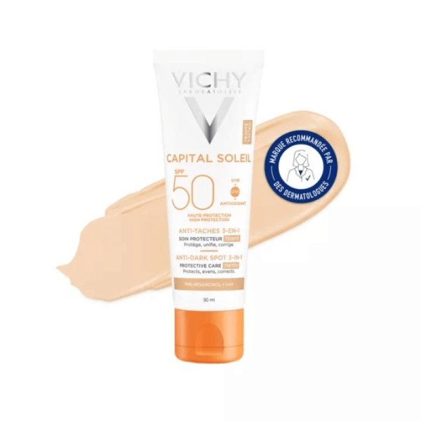 VICHY CAPITAL  SOLEIL SOIN  ANTI-TACHES TEINTÉ 3-en-1 SPF 50+ – 50 ml