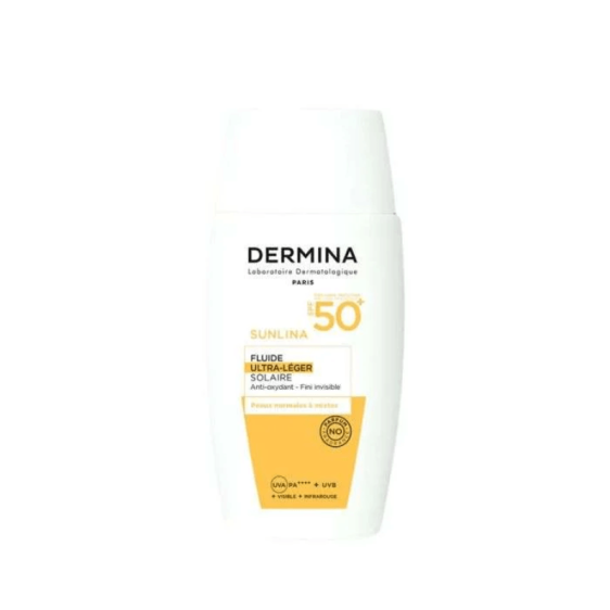 Dermina Sunlina fluide ultra léger SPF50 protection solaire invisible 50 ml . Beautyclic Maroc