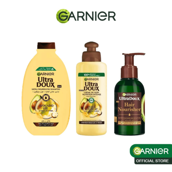 Garnier coffret routine avocat cheveux secs avec sérum shampooing et soin sans rinçage