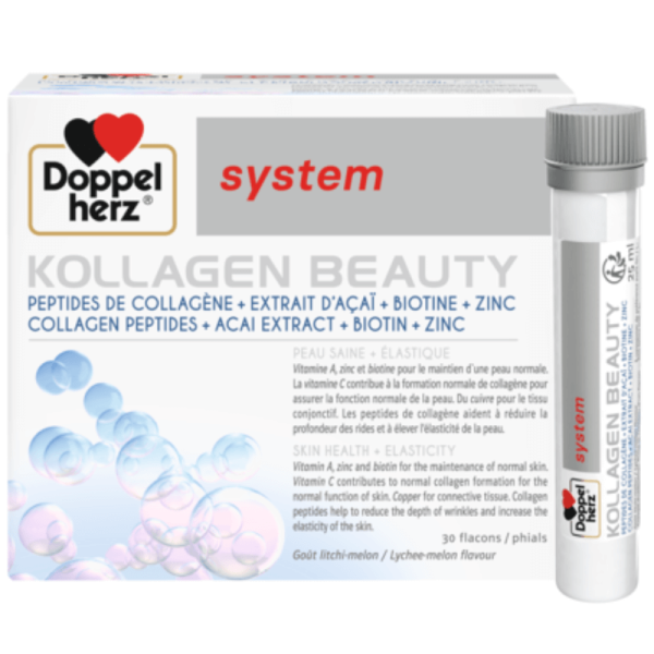 DOPPEL HERZ KOLLAGEN BEAUTY Peptides de collagène + extrait d’açaï + biotine + zinc , 30 flacons